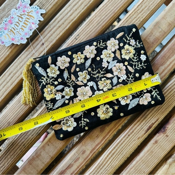 India Black Velvet Floral Embroidery Beaded Zipper Makeup Bag Coin Purse Boho - Picture 4 of 10